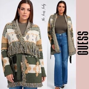 Guess Aztec Print Western Fringe Cardigan Sweater Knit Coat Belted Boho Cozy